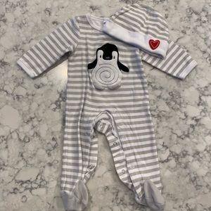 Baby Aspen Penguin Footie Gray and White Stripe with Hat